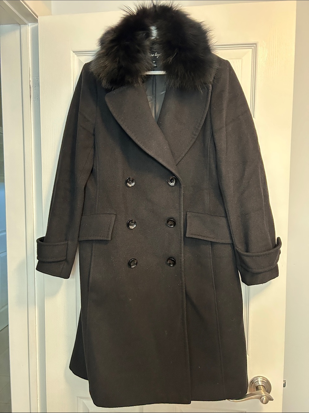 Sandra Angelozzi Women's Double-Breasted Wool Coat with Faux Fur Collar - Black